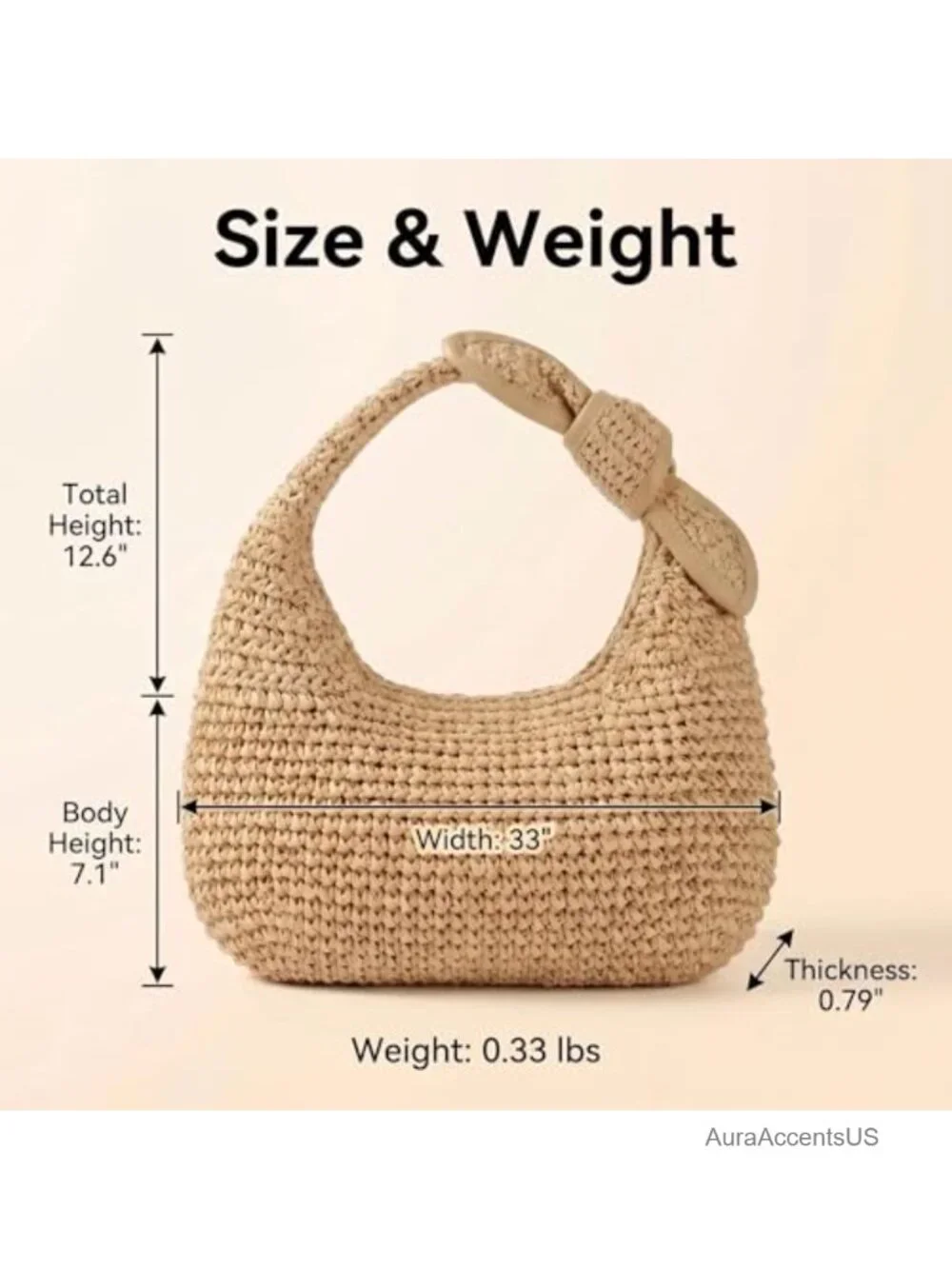 Handwoven Straw Hobo Bag with Bow Detail and Zipper